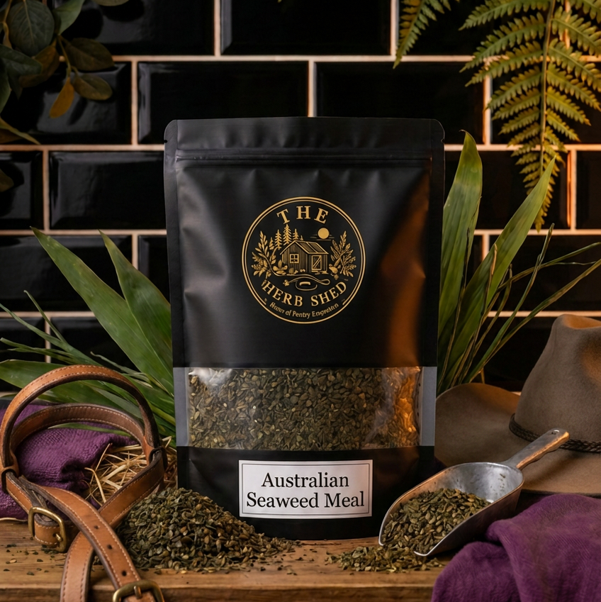 A black stand-up pouch of Australian Seaweed Meal by The Herb Shed, displayed on a rustic wooden surface with a leather strap, metal scoop, purple cloth, and green ferns against a black tiled background.