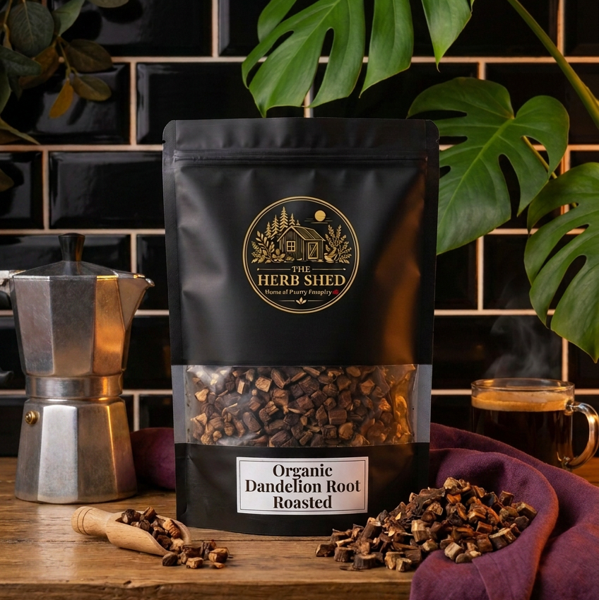 A black stand-up pouch of Herb Shed Organic Dandelion Root Roasted coffee beans sits on a wooden counter. The pouch has a clear window showing the roasted roots inside, with loose roots scattered around it.