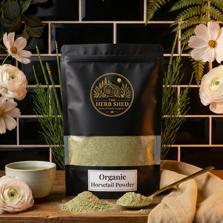 A black stand-up pouch of Herb Shed Organic Horsetail Powder sits on a wooden surface with a small cup, spoonful of powder, and scattered loose powder in front. The pouch has a clear window showing pale green powder inside, with a black and gold logo and a white label.