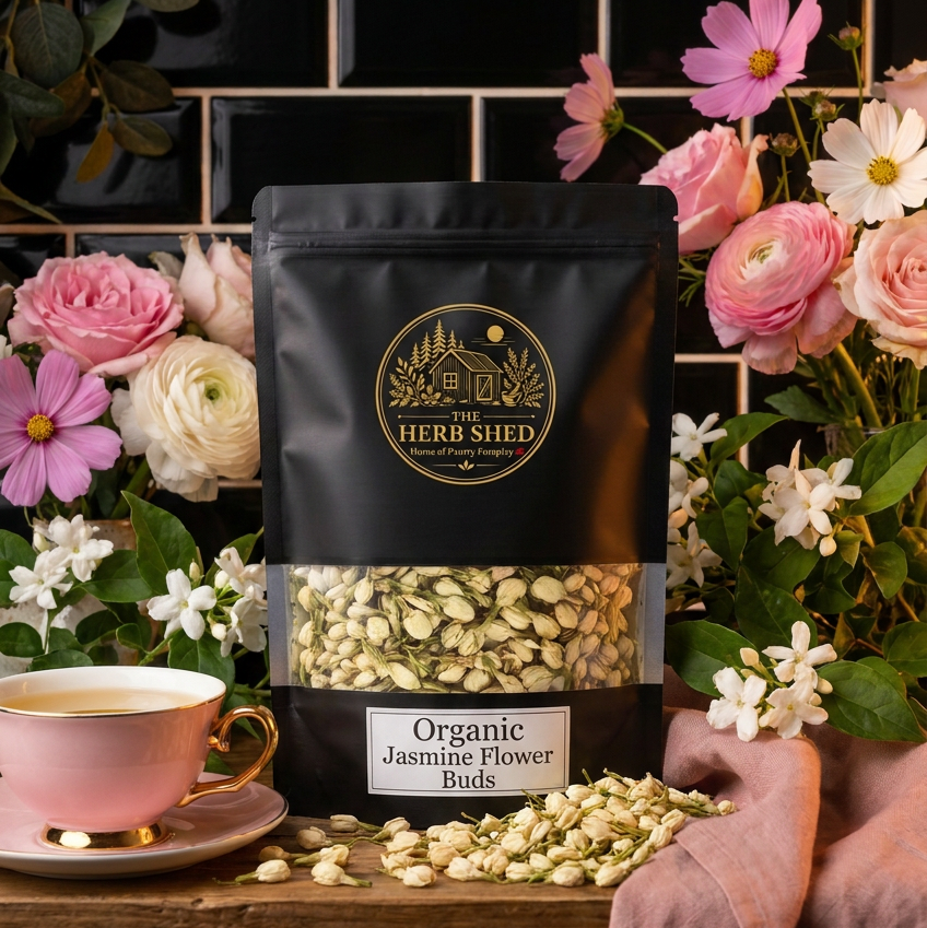 A black stand-up pouch of Herb Shed Organic Jasmine Flower Buds stands on a wooden surface, surrounded by pink and white flowers, with a pink teacup and scattered flower buds in front. The background is a black tiled wall.