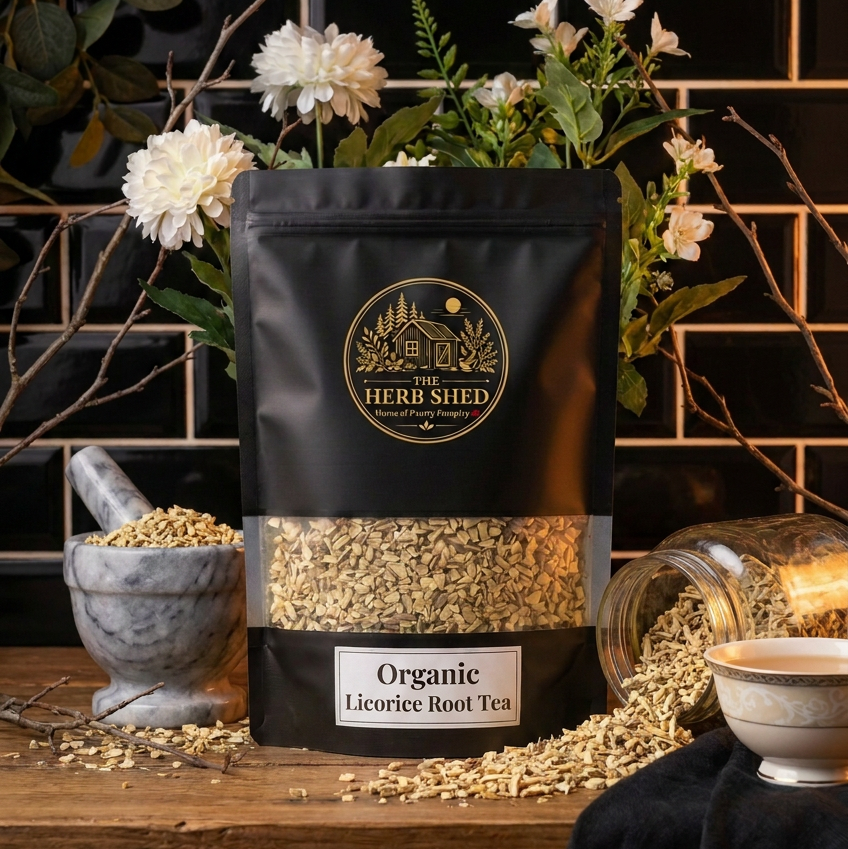 A black stand-up pouch of Herbi Shed Organic Licorice Root Tea sits on a wooden table with scattered loose roots, a mortar and pestle, a glass jar, and white flowers against a black tiled background.