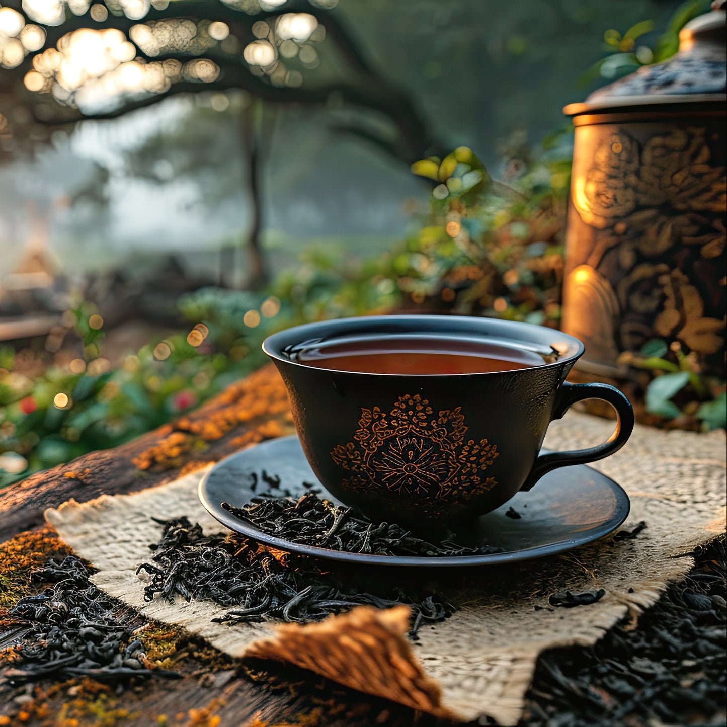Brewed Organic African OP Black Tea served in a dark teacup outdoors