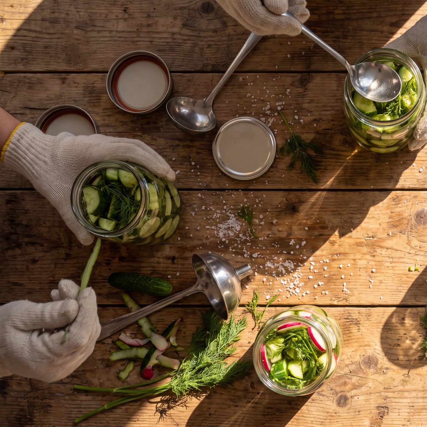 Hands wearing white gloves preparing pickled cucumbers in glass jars on a rustic wooden table, with spoons, salt, dill, radishes, and small bowls arranged around the jars.