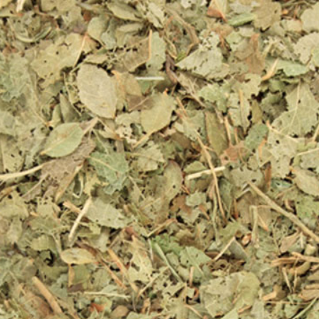 A close-up of Dried Bilberry Leaf, showing the herbal cut mixture of dried green-brown leaves and small stems and its natural texture.