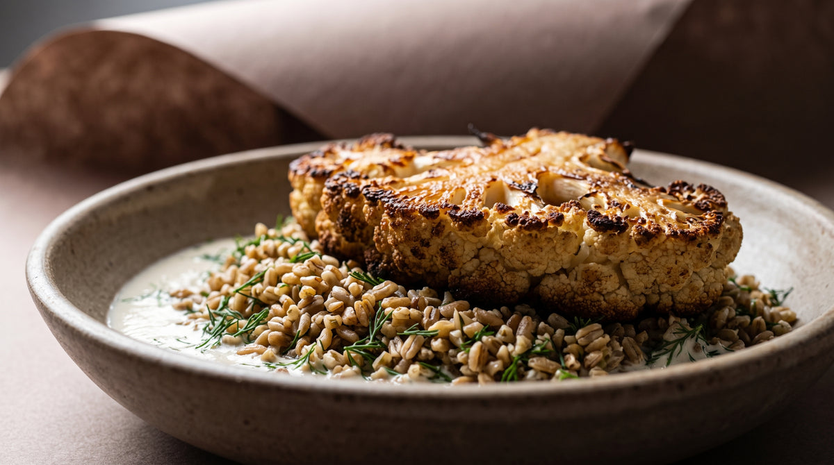 A savoury freekeh dish served with a seasoned piece of meat and sauce, showing Freekeh Whole from The Herb Shed in Wollongong, Australia, used as the base of a substantial meal.