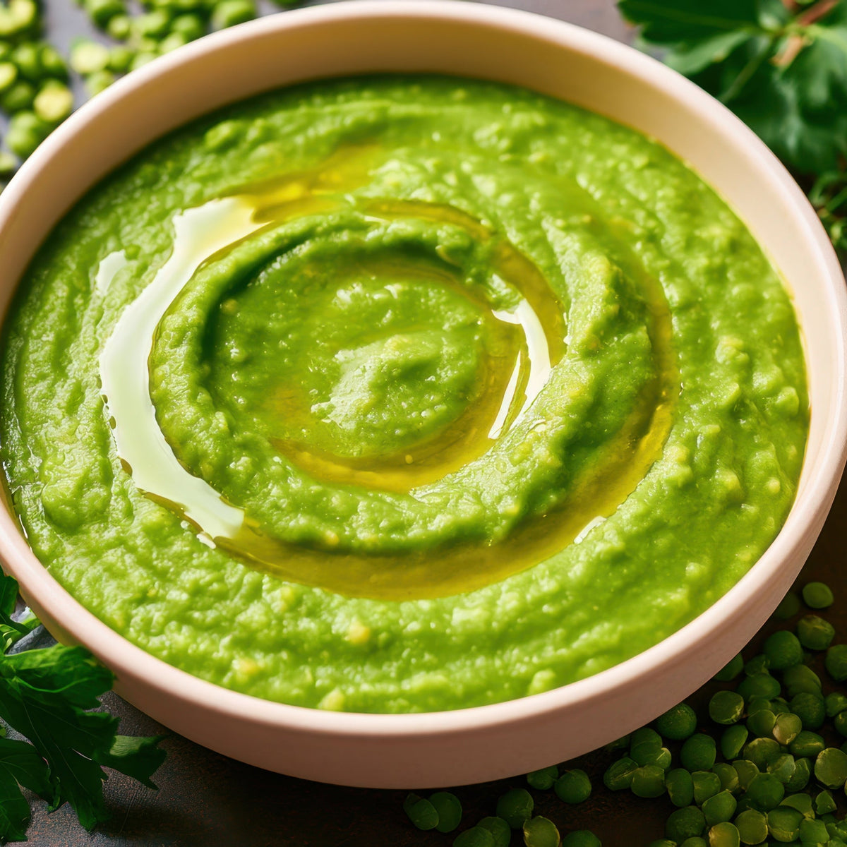 A bowl of thick green split pea soup with a swirl garnish and fresh herbs, showing Green Split Peas from The Herb Shed Wollongong, Australia, used in a hearty savoury soup.