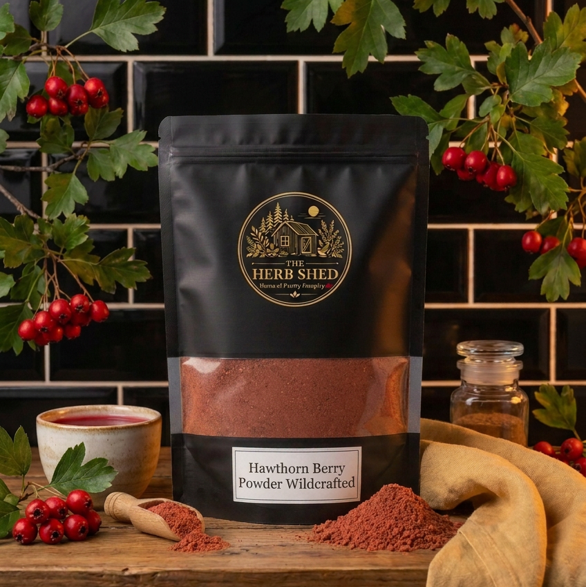 A black stand-up pouch of The Herb Shed Hawthorn Berry Powder Wildcrafted sits on a wooden surface with loose reddish-brown hawthorn berry powder, fresh red hawthorn berries, green leaves, a wooden scoop and a prepared drink, against a black tiled background with soft golden fabric.
