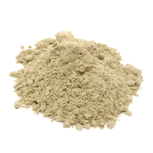 A mound of Organic Alfalfa Powder against a white background, showing its finely ground texture and natural pale green colouring.