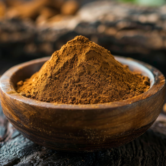 Organic Chaga Mushroom Powder is piled in a rustic wooden bowl, showing its fine texture and rich earthy brown colour, with pieces of chaga mushroom in the background.