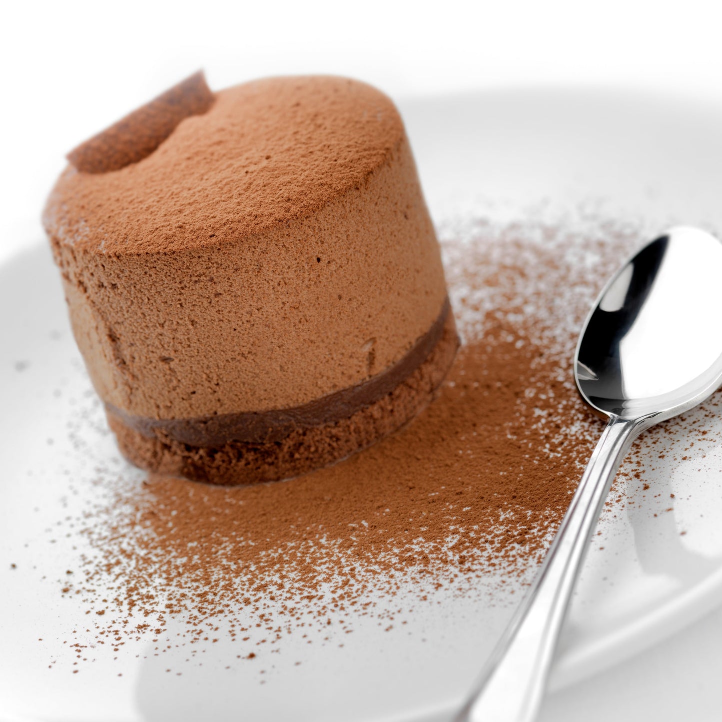 A small chocolate dessert dusted with cocoa powder sits on a white plate beside a spoon, with loose cocoa powder scattered across the plate.