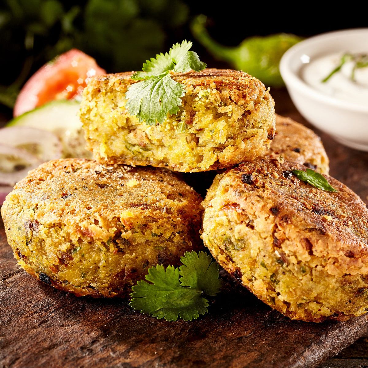 Golden falafel seasoned with Organic Ground Coriander Seed are served with fresh coriander and vegetables, showing ground coriander used in a classic savoury falafel recipe.