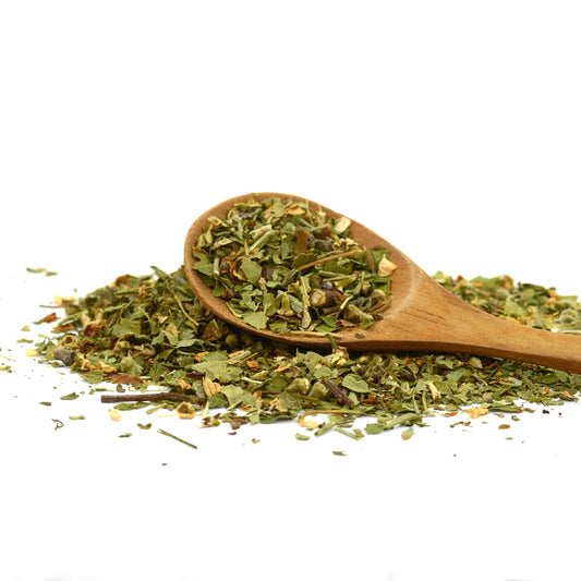 Organic Hawthorn Leaf & Flower from The Herb Shed Wollongong, Australia, shown as dried cut leaves and flowers in a wooden spoon with loose herb scattered nearby.