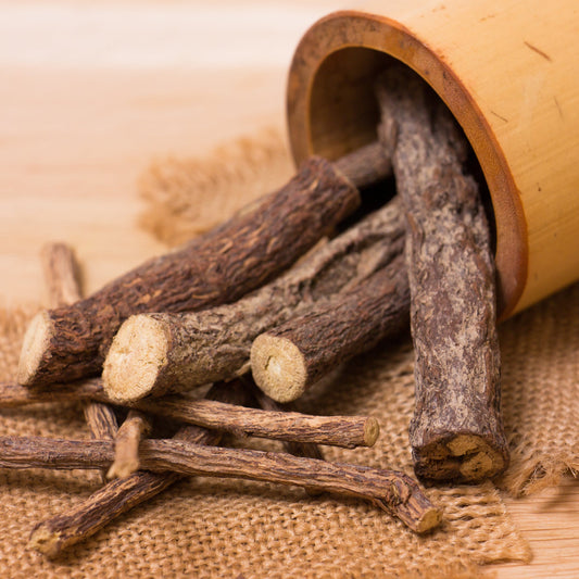 Organic Licorice Sticks from The Herb Shed Wollongong, Australia, showing the whole dried root pieces with their naturally woody brown exterior and pale cut centres.