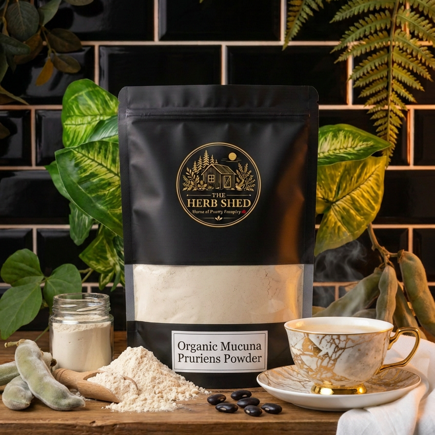 A black stand-up pouch of The Herb Shed Organic Mucuna Pruriens Powder in Wollongong, Australia, sits on a wooden surface with loose powder, dark mucuna beans, a glass jar and teacup, surrounded by leafy greenery against a black tiled background.