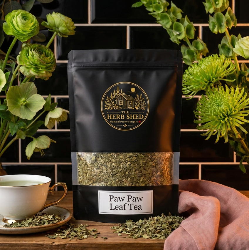 A black stand-up pouch of The Herb Shed Paw Paw Leaf Tea sits on a wooden surface with loose dried leaf, a white teacup and green foliage, against a black tiled background.