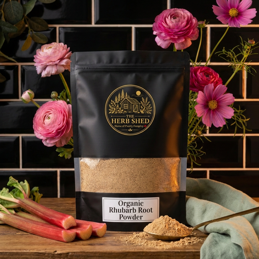 A black stand-up pouch of The Herb Shed Organic Rhubarb Root Powder sits on a wooden surface with fresh rhubarb stalks, loose rhubarb root powder, pink flowers and a teal cloth, against a black tiled background.