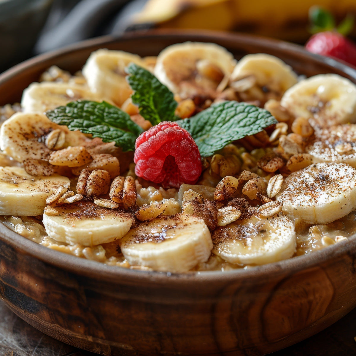 A bowl of creamy oat porridge topped with banana, walnuts, raspberries and mint, showing Organic Rolled Oats from The Herb Shed Wollongong prepared as a breakfast porridge.