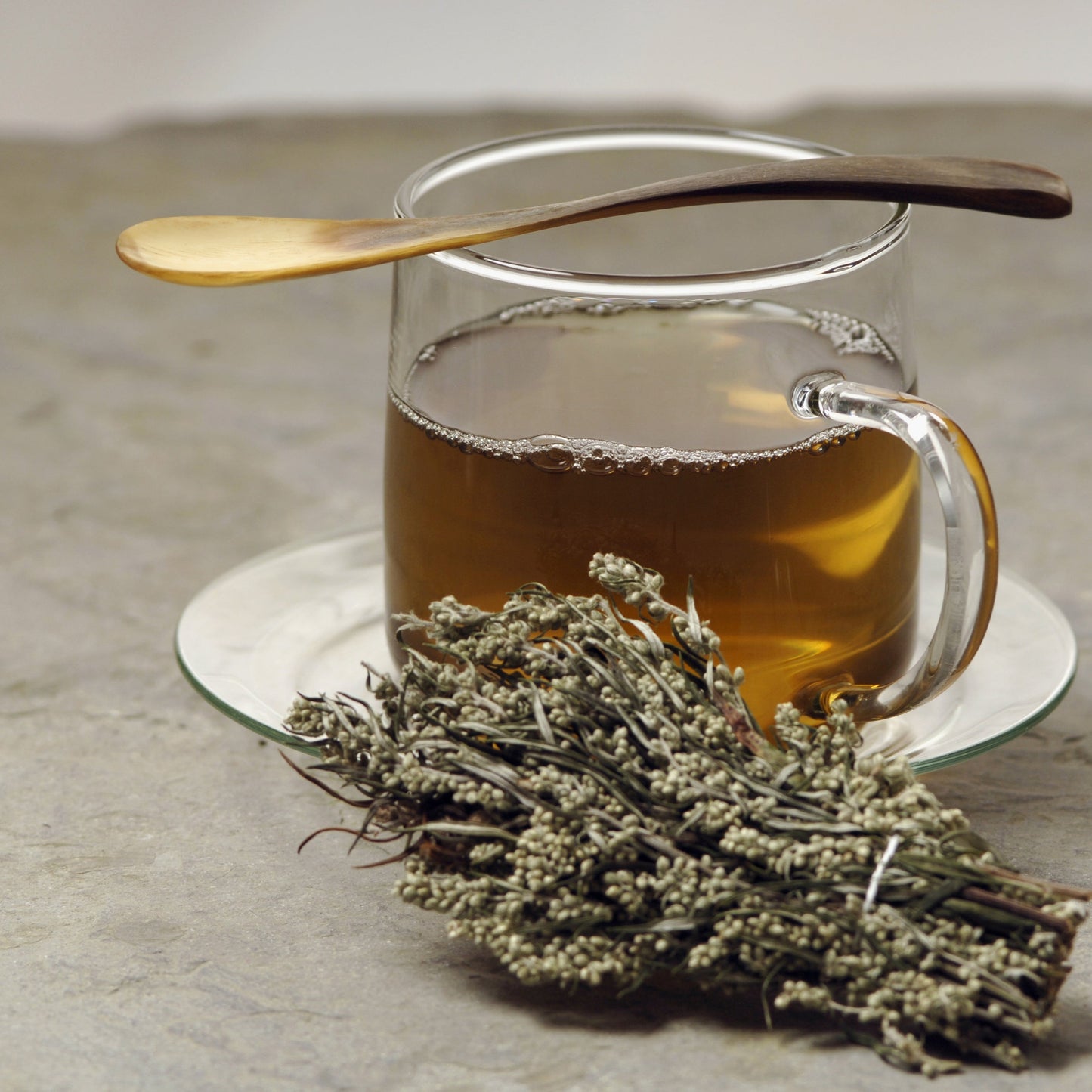 Wildcrafted mugwort tea beside a freshly brewed cup