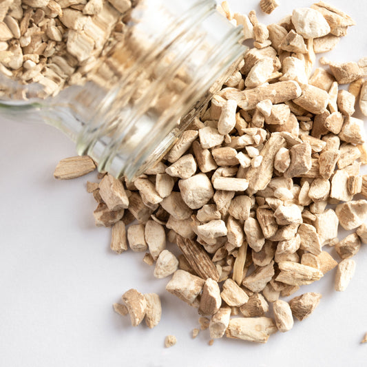 Organic ashwagandha root pieces on white background from The Herb Shed Wollongong