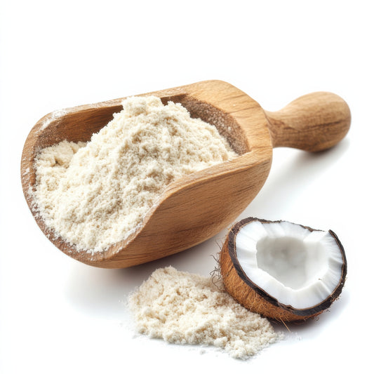 Organic coconut flour with wooden scoop and coconut shell from The Herb Shed Wollongong
