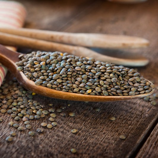 Close-up of French style lentils on a wooden spoon on a rustic wooden table – earthy green lentils from The Herb Shed Wollongong