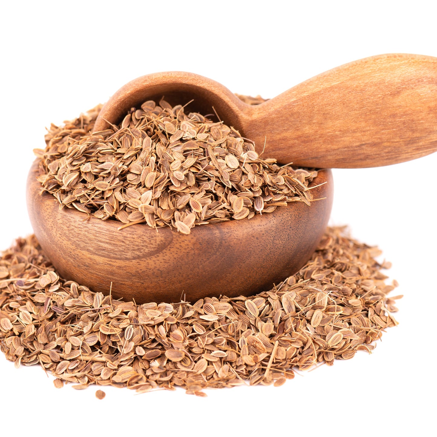 Organic dill seeds in wooden scoop and bowl from The Herb Shed Wollongong
