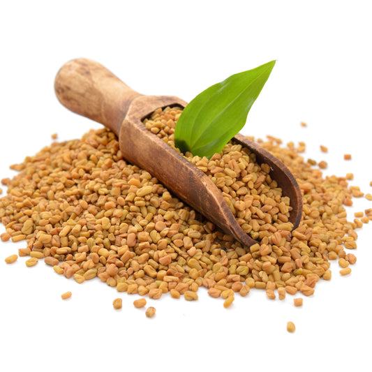 Organic fenugreek granules with wooden scoop from The Herb Shed Wollongong