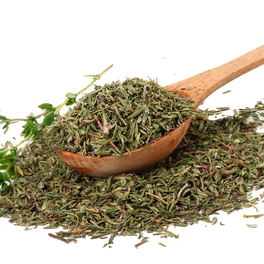Organic dried thyme herb with wooden scoop from The Herb Shed Wollongong