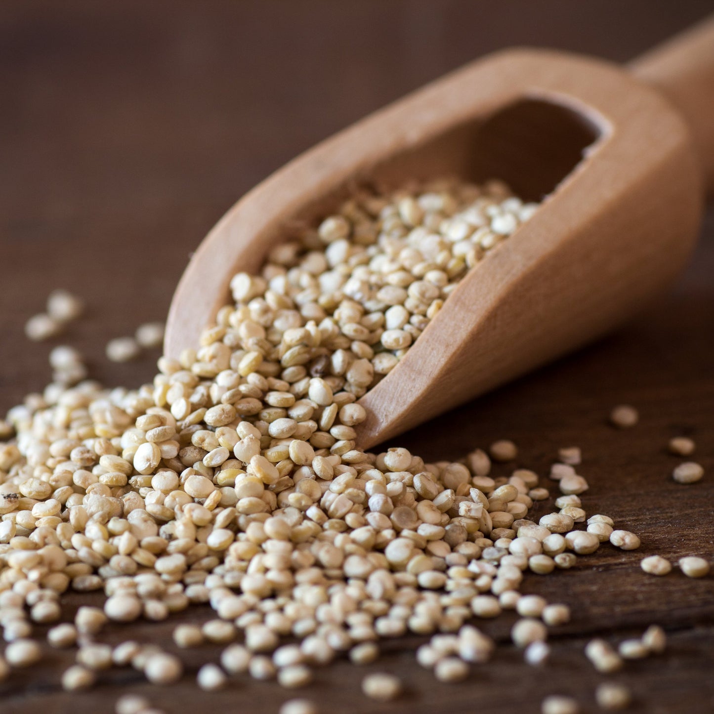 White quinoa scattered from a wooden scoop onto a wooden table – pale nutritious grain from The Herb Shed Wollongong
