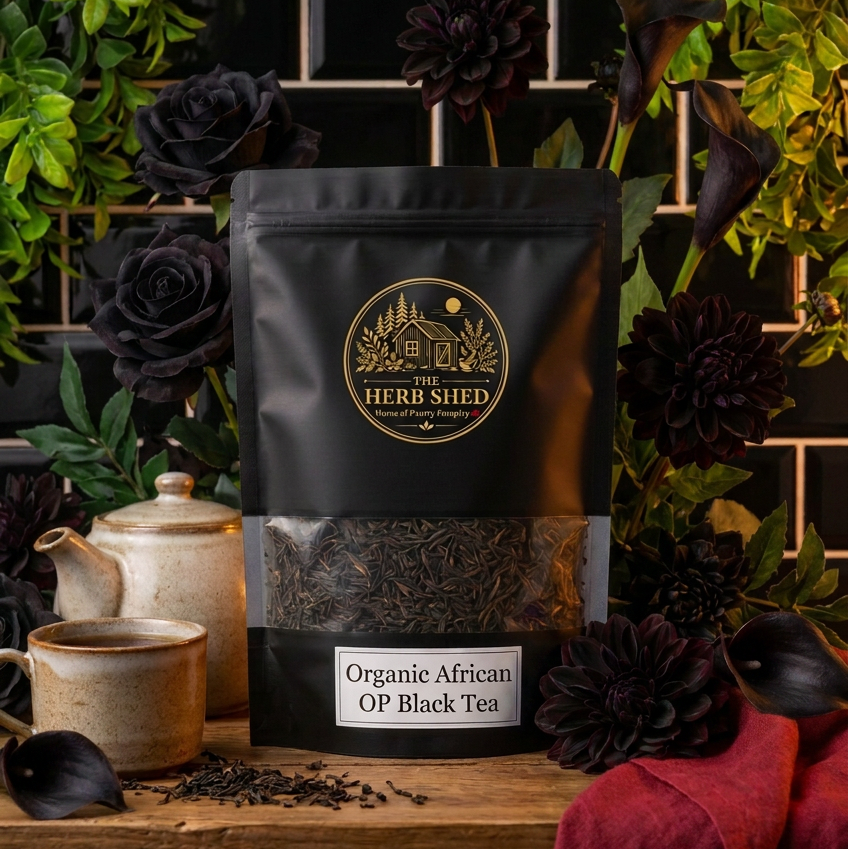 A stand-up pouch of Herbi Shed Organic African OP Black Tea placed on a wooden surface, surrounded by black roses, green foliage, a teapot, cups, and a dark tiled background.