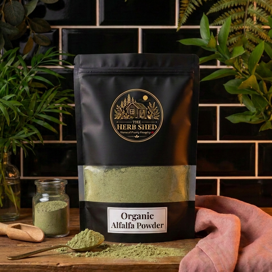 A black stand-up pouch of Herb Shed Organic Alfalfa Powder sits on a wooden surface with a small glass jar, scoop, and spilled powder in front. A pink cloth drapes over the right side, and dark tiled walls with green plants frame the scene.