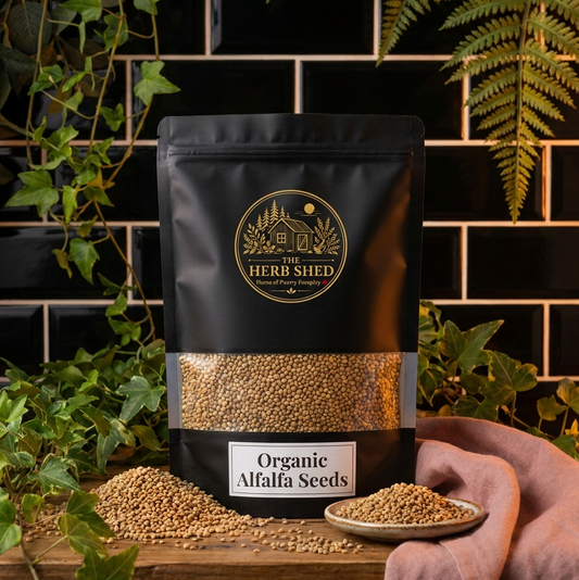 A black stand-up pouch of Herb Shed Organic Alfalfa Seeds sits on a wooden surface with loose seeds spilled around it and a small dish of seeds in front. The pouch has a clear window showing the beige seeds inside.