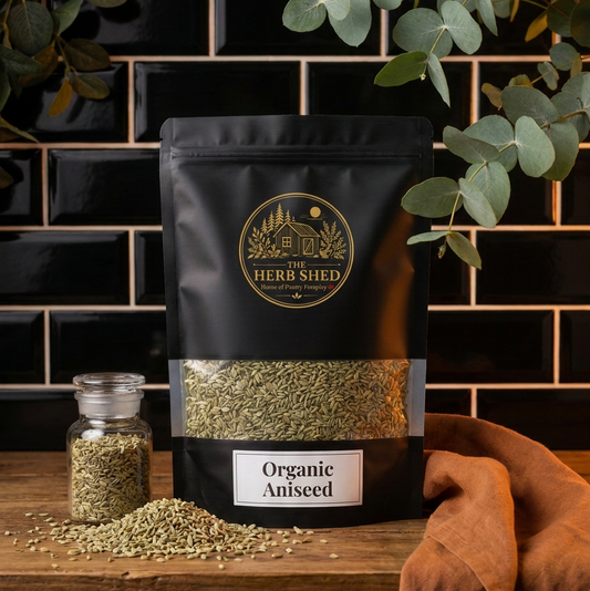 A black stand-up pouch of Herb Shed Organic Aniseed seeds sits on a wooden surface against a black tiled wall, with a small glass jar of loose seeds, scattered aniseed, and a rust-colored cloth nearby.