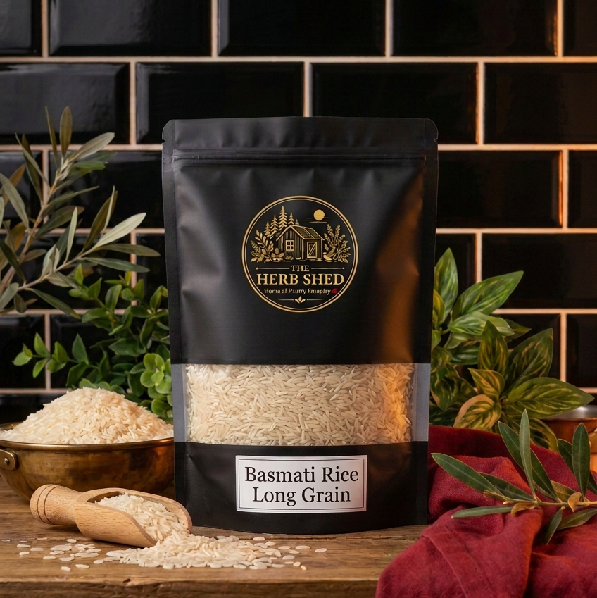 A black stand-up pouch of Herb Shed Basmati Rice Long Grain with a clear window showing the rice inside, styled on a wooden surface with a bowl of rice, a wooden scoop, and green plants against a black subway tile background.