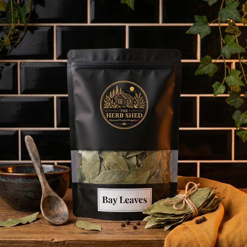 A black stand-up pouch of Bay Leaves from Herb Shed, displayed on a rustic wooden table with a dark tiled background, surrounded by culinary props including a wooden spoon, a bowl, loose bay leaves, and a mustard-yellow cloth.