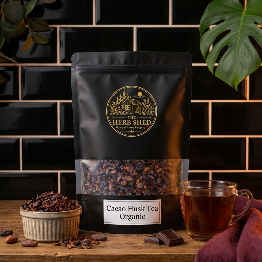 A black stand-up pouch of Herb Shed Cacao Husk Tea Organic stands on a wooden surface against a black tiled wall, with a glass of tea, loose cacao pieces, and chocolate pieces around it and green leaves in the background.