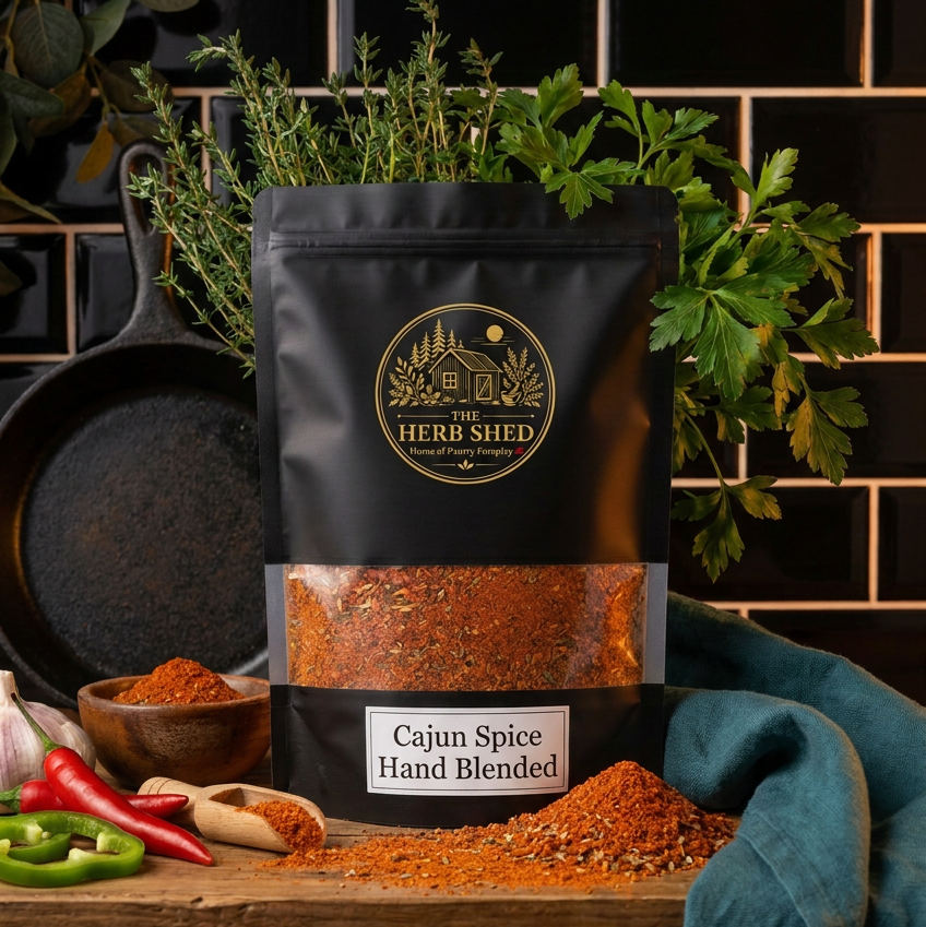 A black stand-up pouch of Herb Shed Cajun Spice Hand Blended seasoning stands on a wooden surface with spice piles, herbs, a cast iron skillet, and a dark tiled kitchen-style background.