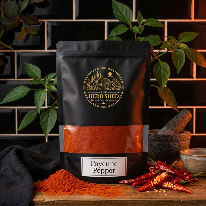 A black stand-up pouch of Herb Shed Cayenne Pepper spice mix sits on a wooden surface with scattered orange-red pepper powder, whole red chilies, and green herbs against a dark tiled background.