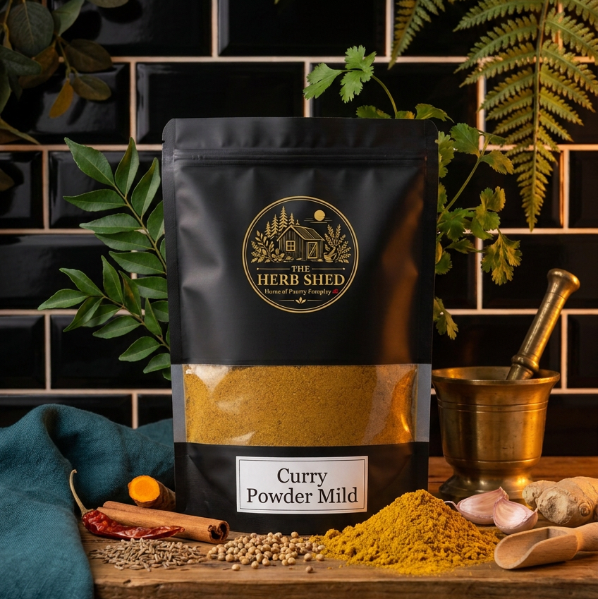 A black stand-up pouch of Herb Shed Curry Powder Mild stands on a wooden surface with spices and herbs arranged around it, set against a dark tiled wall with green foliage.