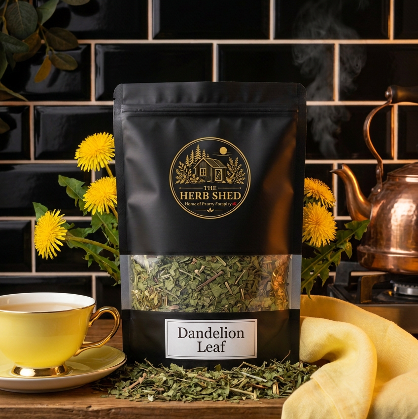 A black stand-up pouch of Herb Shed Dandelion Leaf tea sits on a wooden table with a yellow teacup, yellow flowers, a copper kettle, and a black tiled background.