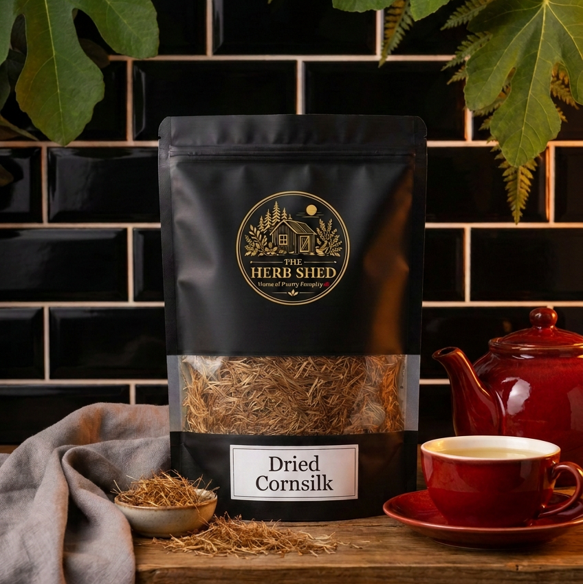 A black stand-up pouch of Heri Shed Dried Cornsilk herbal tea is displayed on a wooden shelf against a black tiled wall, styled with a red teapot, a red teacup, a small bowl of loose herbal tea, and green leaves.
