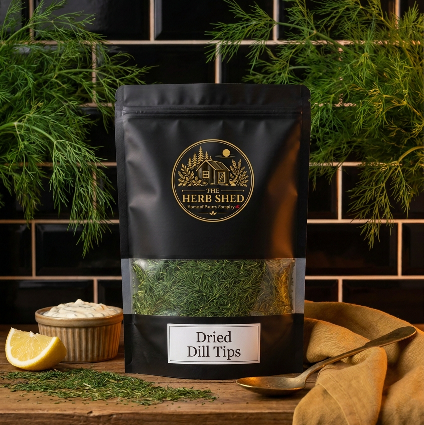 A black stand-up pouch of Herb Shed Dried Dill Tips sits on a wooden surface with a small bowl of dill, a lemon wedge, a spoon, and scattered dill in front of a black tiled wall.