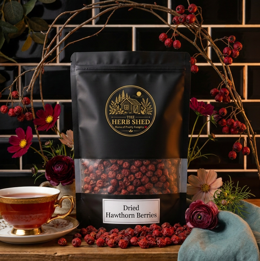 A black stand-up pouch of Herb Shed Dried Hawthorn Berries sits on a wooden table, surrounded by loose red berries, flowers, a teacup, and a teal cloth against a black tiled wall.