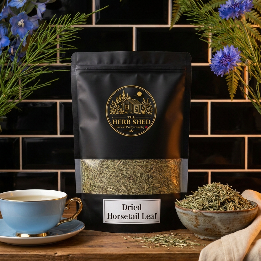 A black stand-up pouch of Herb Shed Dried Horsetail Leaf tea sits on a wooden surface against a black tiled wall, styled with a blue teacup, a bowl of loose leaf, and greenery with blue flowers.