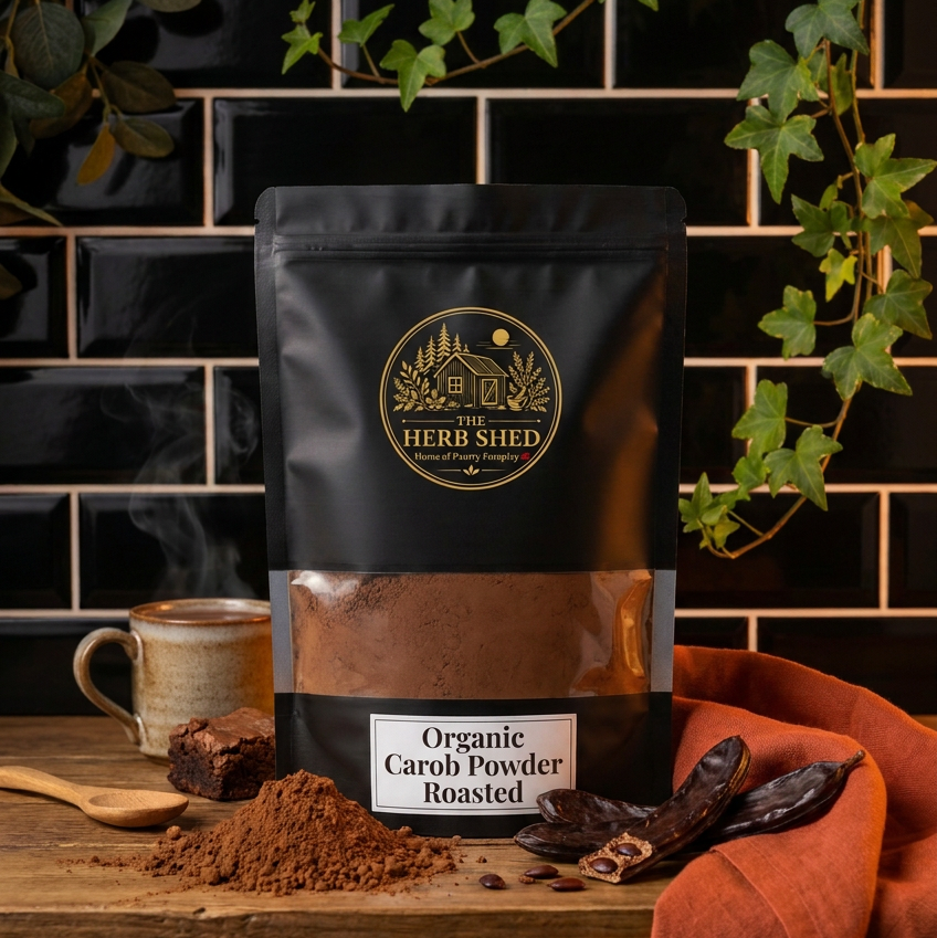 A black stand-up pouch of Herb Shed Organic Carob Powder Roasted stands on a wooden surface with loose carob powder, dried roots, and a mug in front of a black tiled wall with green ivy.