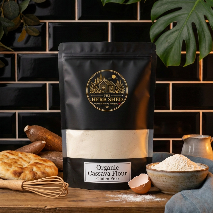 A stand-up pouch of Herbi Shed Organic Cassava Flour Gluten Free flour, styled on a rustic wooden table with baking ingredients like cassava, a whisk, and a bowl of flour against a black subway tile background.