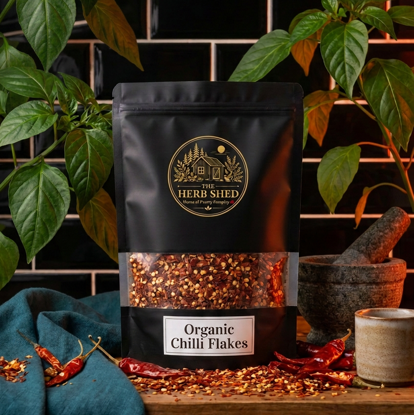 A black stand-up pouch labeled 'Herb Shed Organic Chilli Flakes' sits on a wooden surface with scattered red chili flakes and dried red chilies. The pouch has a clear window showing the red-orange chili flakes inside.