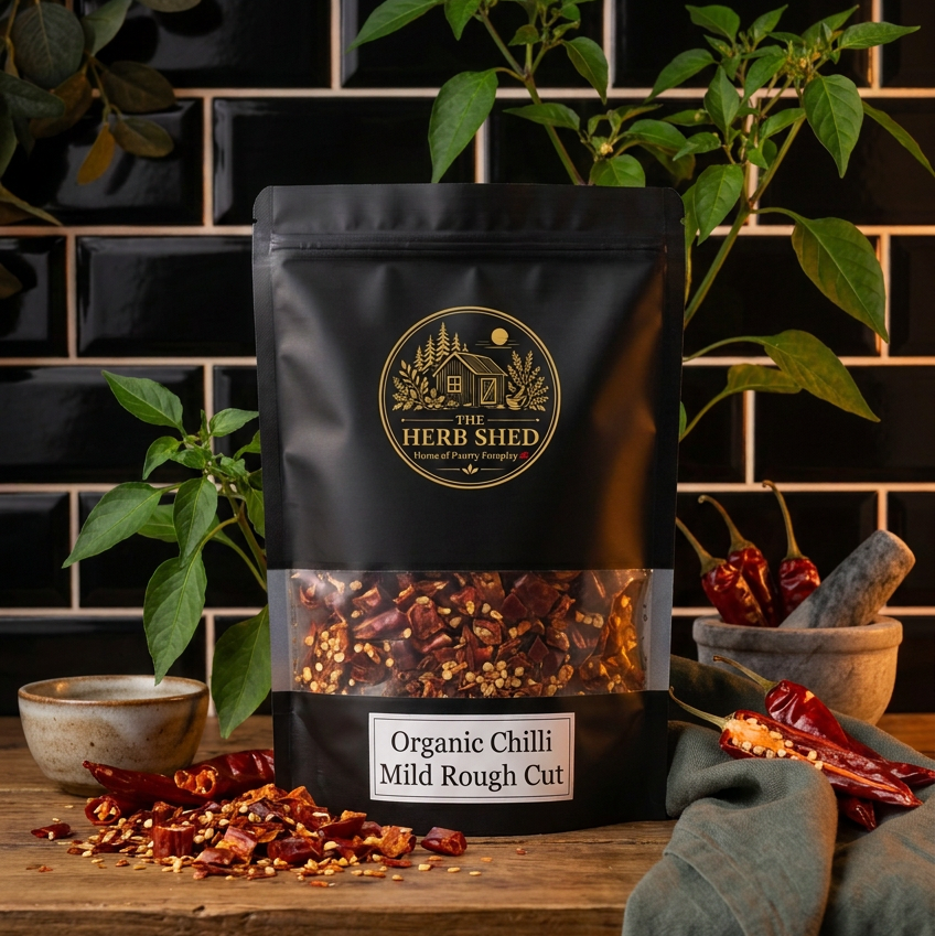 A black stand-up pouch of Herb Shed Organic Chilli Mild Rough Cut spice mix, displayed on a rustic wooden table with scattered red chili flakes, fresh red chilies, and green chili plants against a black tiled background.