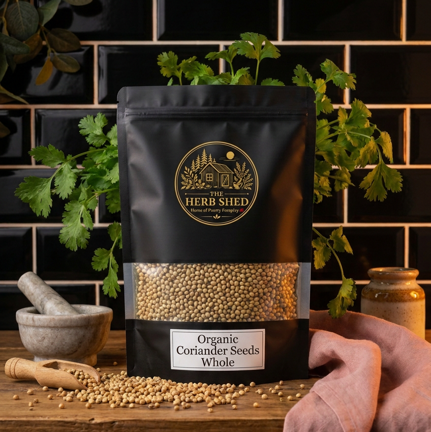 A black stand-up pouch of Herb Shed Organic Coriander Seeds Whole, displayed on a rustic wooden table with coriander seeds scattered around, a pink cloth, and a black tiled background with green herbs.