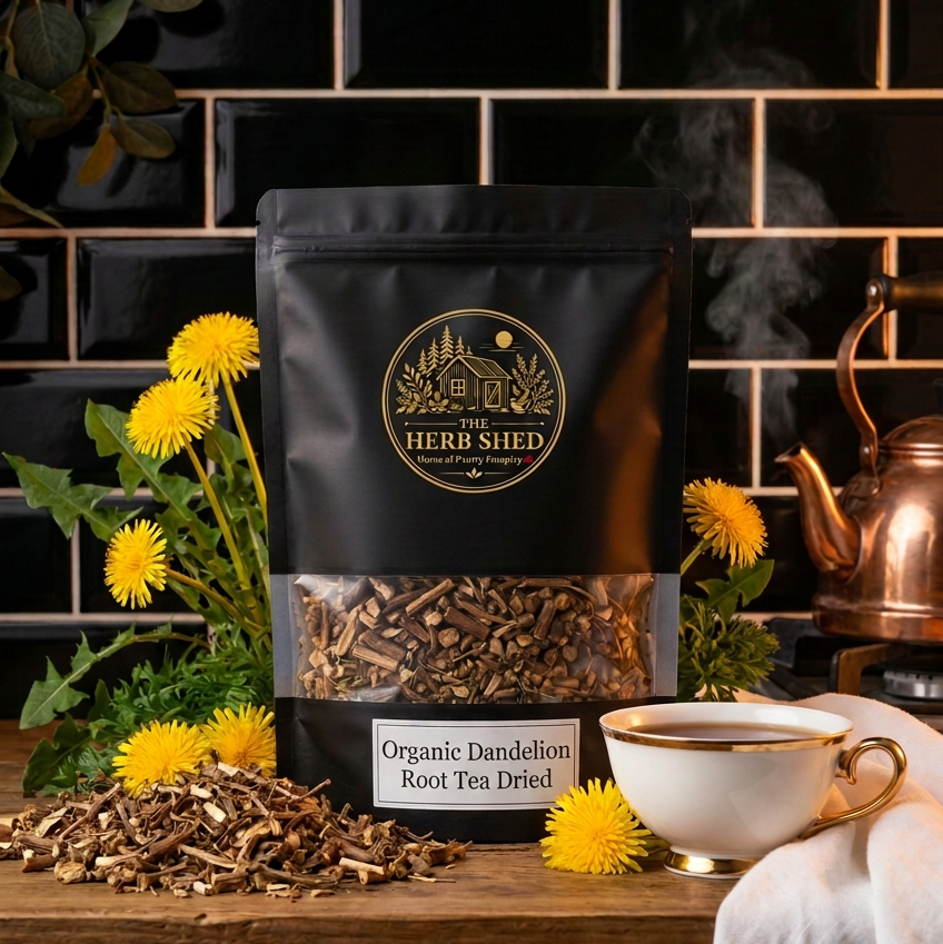 A black stand-up pouch of Herb Shed Organic Dandelion Root Tea Dried, displayed on a wooden counter with loose tea pieces, yellow dandelion flowers, a white teacup, and a copper kettle against a black tiled background.